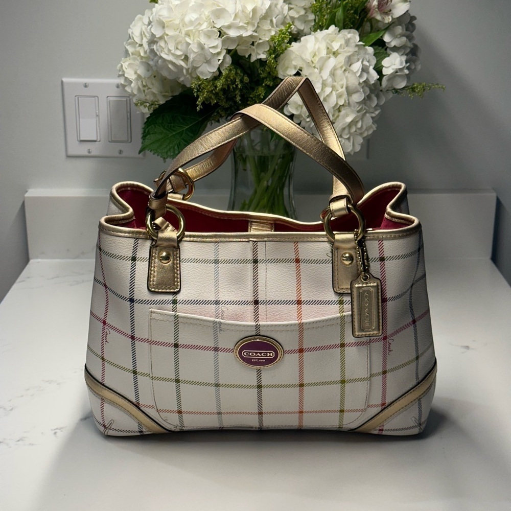 Coach Peyton Tattersall Plaid Rainbow White Shoulder/Tote Bag